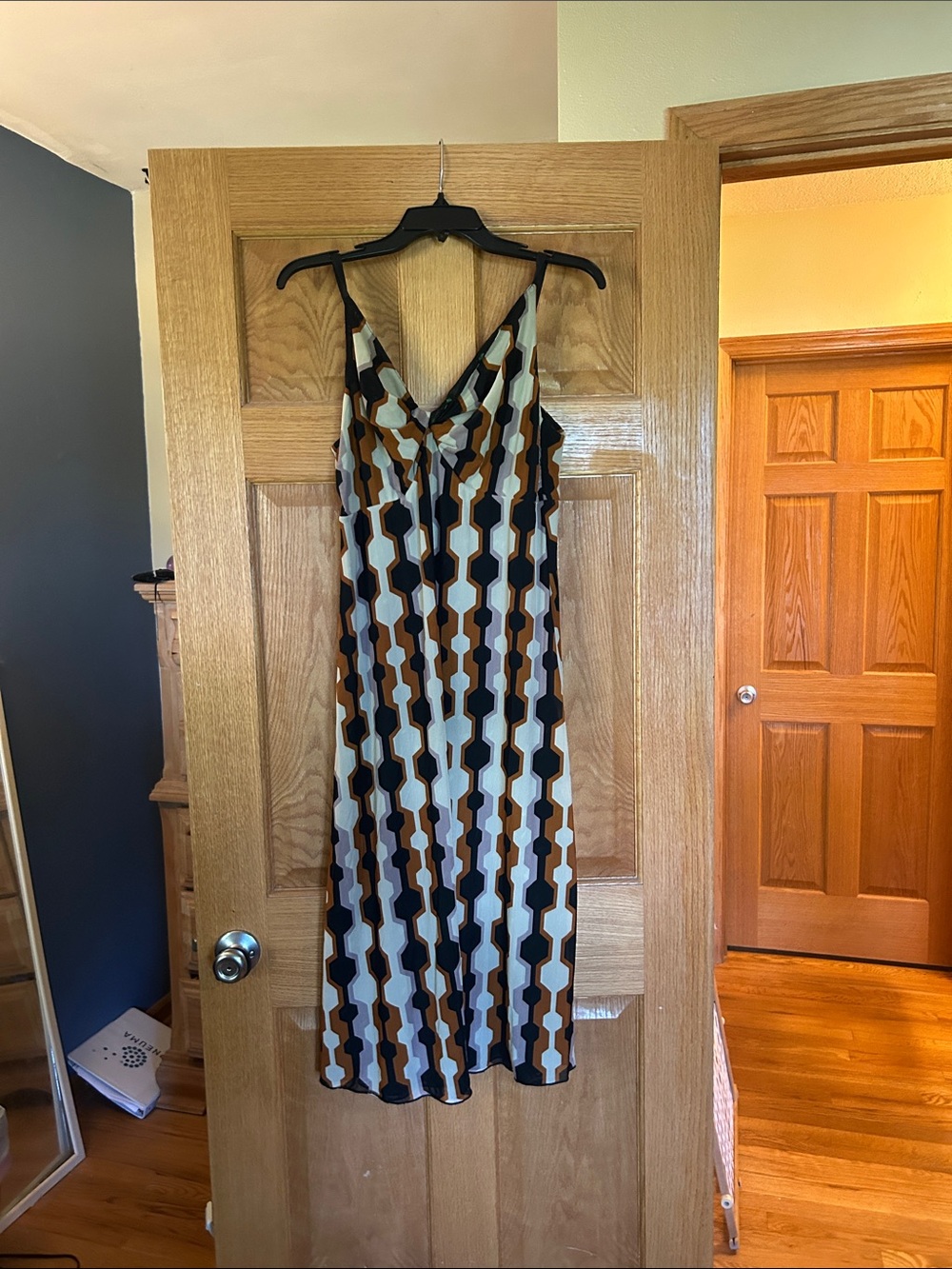 CAbi Geometric Slip Midi Dress in Black, Brown, and Cream